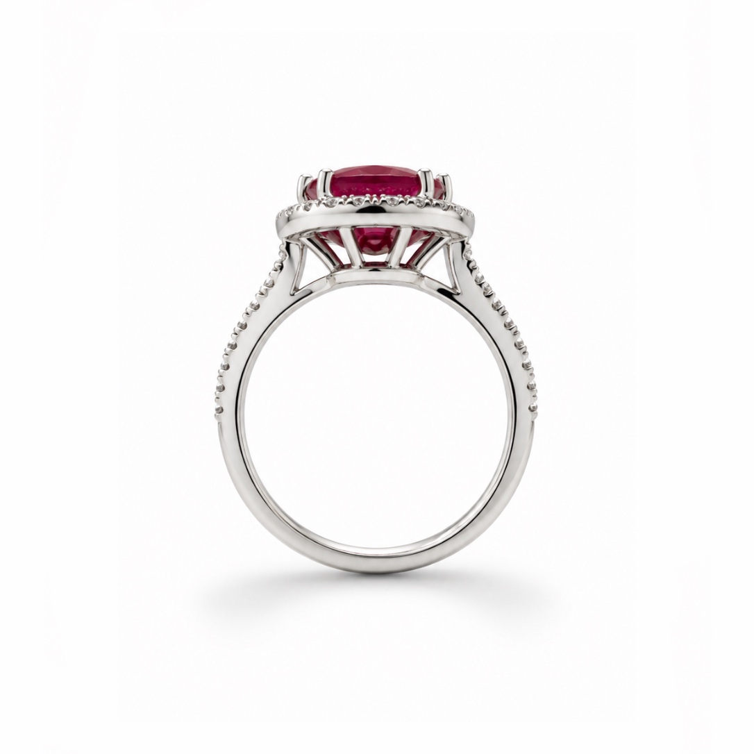 Anello Halo con Rubino taglio cuore — Heritage, Diamond House Roma — vista 3