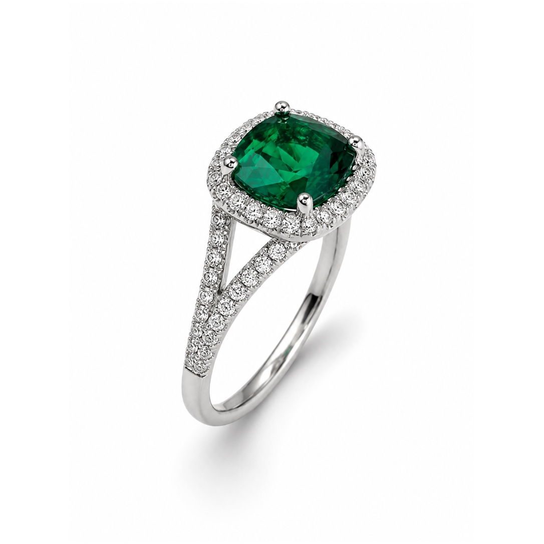 Anello Halo con Tsavorite taglio cuscino — Heritage, Diamond House Roma — vista 2