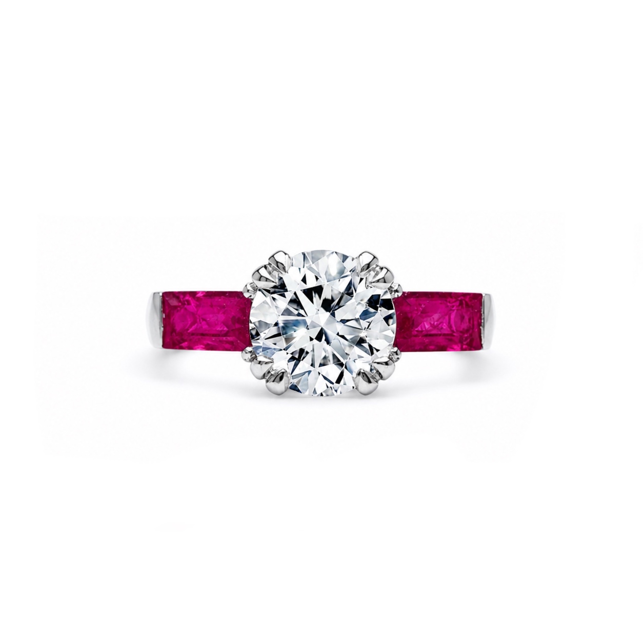Anello Solitario con Diamante e Rubini taglio baguette